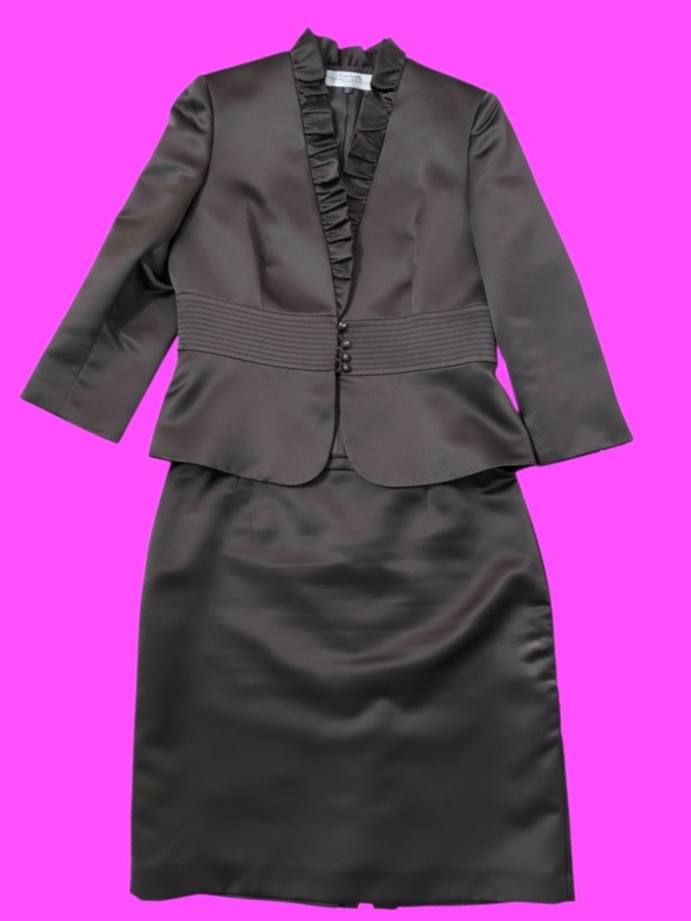Tahari Arthur S. Levine Brown Satin Ruffle Skirt Suit Set 12P Career Formal